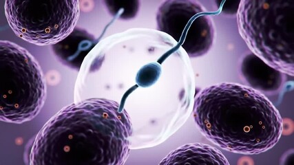 Detailed 3D Animation Depicting Sperm Fertilizing an Egg Cell With Purple Background Medical Visualization of Reproduction Biology Fertility Genetic Health Healthcare and Research - Powered by Adobe