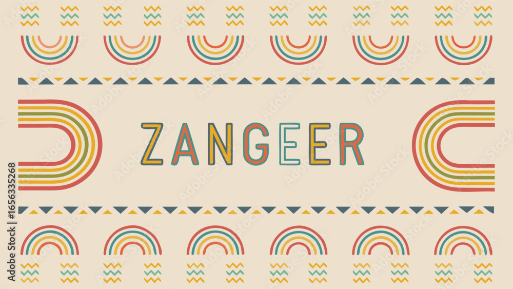 Poster colorful zangeer text with rainbow and triangle patterns on a light beige background design style