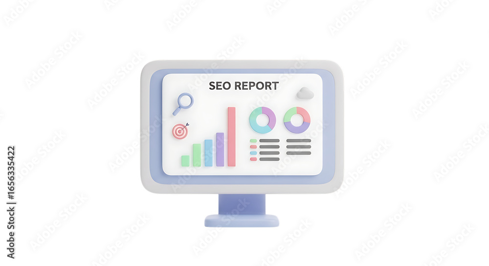 Poster modern seo report display with charts and graphs on a computer screen, perfect for digital marketing