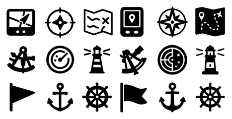 Navigation and exploration icons set – solid, filled, travel and discovery symbols