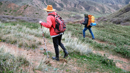 Two students climb the hill with backpacks. Travelers explore new wild areas of the world. Trekking, hiking and tourism. Active pastime