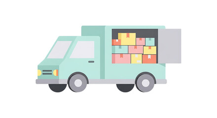 Delivery truck transporting colorful packages on a transparent background suitable for various design uses