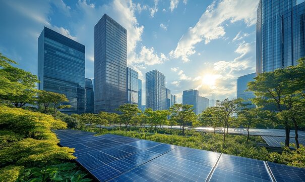 Sunny sky over solar panels and green trees, showcasing the harmony of clean energy and sustainable development, offering an innovative and eco-friendly solution for a carbon-neutral, Generative AI