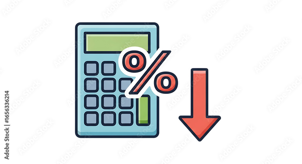 Poster calculator showing percentage decrease with a downward arrow on a transparent background for educati