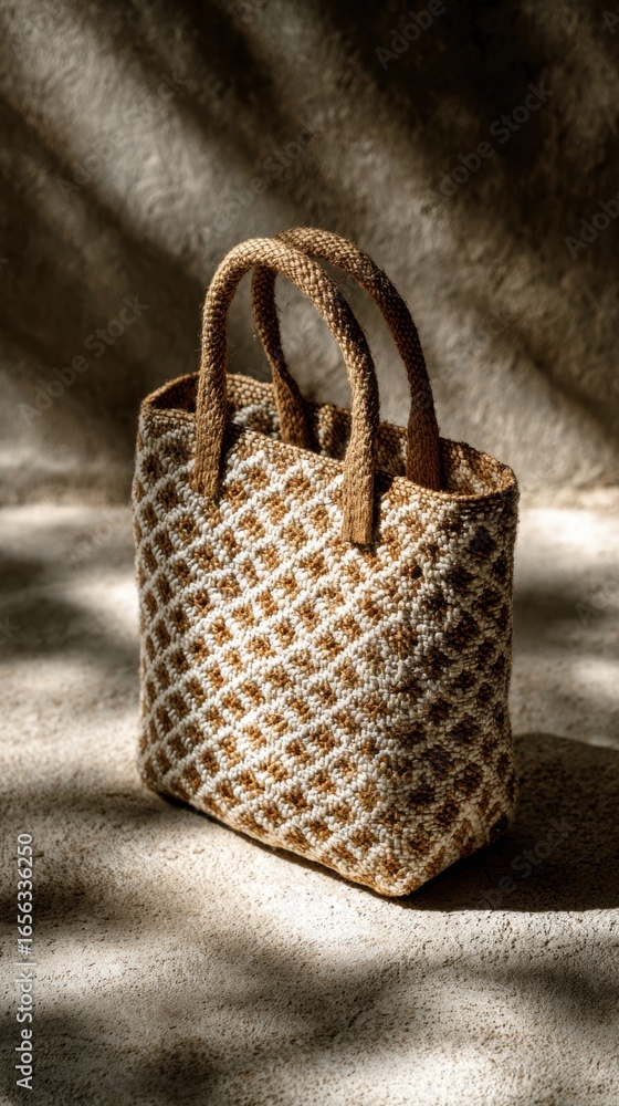 Poster elegant woven bag with distinctive pattern and natural textures on a minimalist background in warm t