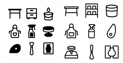 Home kitchen outline icons set: furniture, cooking, pantry essentials
