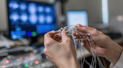 Medium shot of a neurofeedback technician inspecting electrode connections on a 19channel cap hands in focus with a softly blurred medical workspace in background.