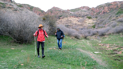 Two cousins travel together on foot. A group of mountaineering tourists descended from the mountains