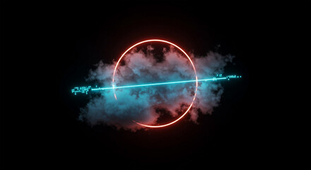 Obraz premium Futuristic Abstract Digital Portal with Glowing Neon Ring and Laser Beam in Clouds