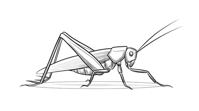 Detailed grayscale drawing of a grasshopper standing on the ground