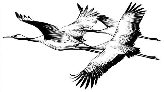 Three cranes fly together, wings extended, in a black and white illustration