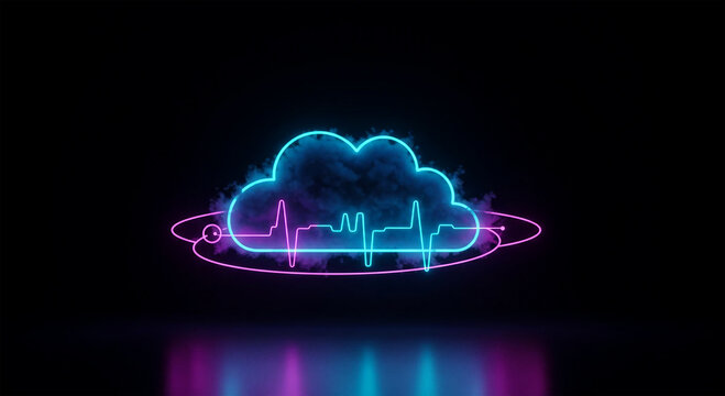 Neon Cloud with Heartbeat Line: Digital Health and Cloud Computing Concept