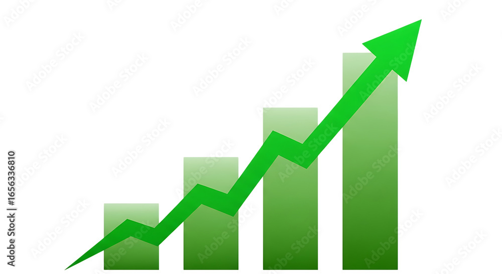 Poster graph illustrating upward trend with multiple bars and a green arrow showing growth over time