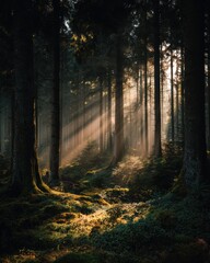 Obraz premium Enchanting Light Rays Stream Through Lush Forest, Illuminating Tranquil Scene with Majestic Trees and Dense Underbrush