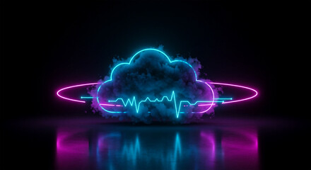 Futuristic Cloud Computing: Digital Data Processing with Neon Heartbeat and Glowing Connections.