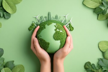 Environment Earth Day In the top view the hands holding green earth. care, saving and energy are renewable and the environment is sustainable. Save Earth. Concept of the Environment World Earth Day.