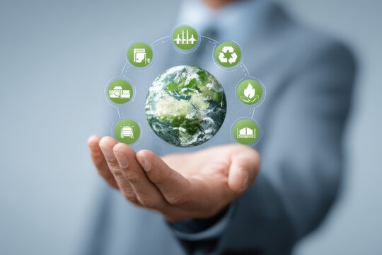 ESG environment social governance concept. Businessman Hand Holding Globe with Environment icon to Organization Sustainable Development Environmental. Green Company Concept for Save Environment.