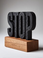 Dark, textured "STOP" sign on a light-brown wooden base