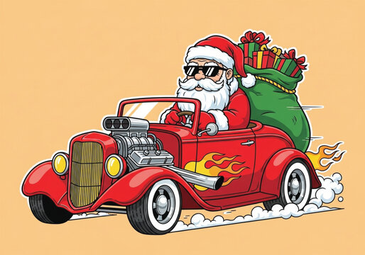 Santa Claus Drives a Hot Rod Filled with Gifts. EPS