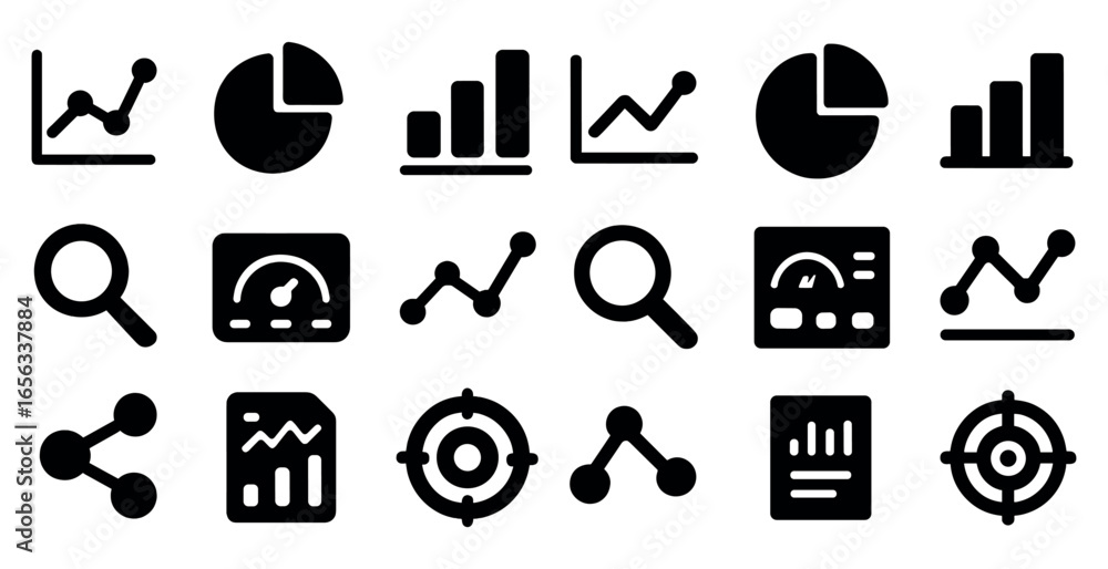 Poster business analytics solid icons set – filled, data visualization and dashboard symbols