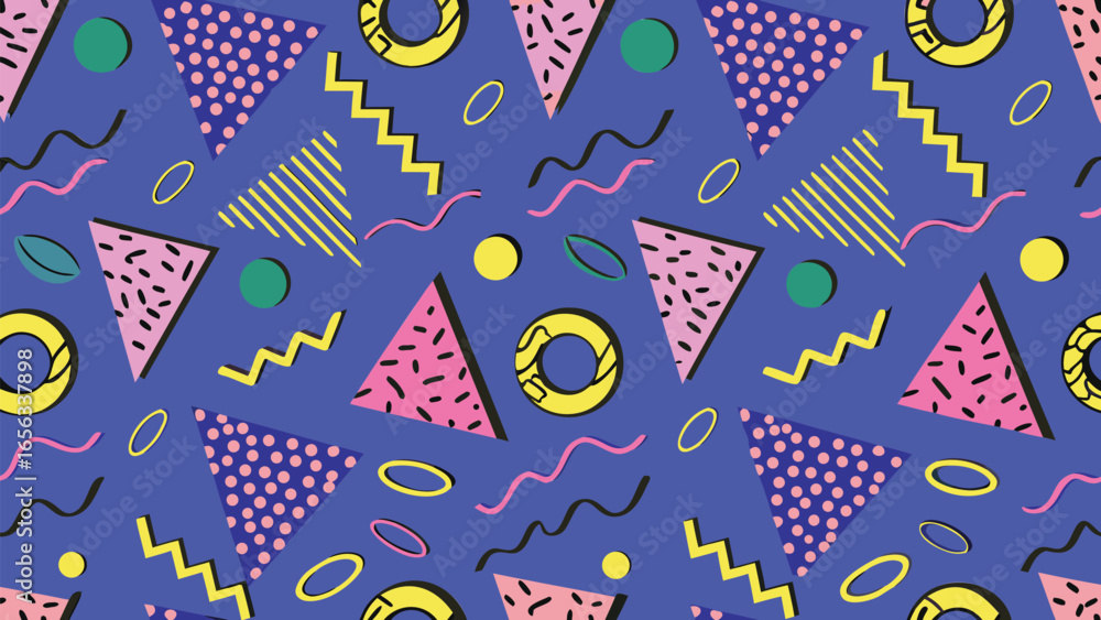 Poster colorful geometric pattern with triangles circles and zigzags on a blue background design style of t