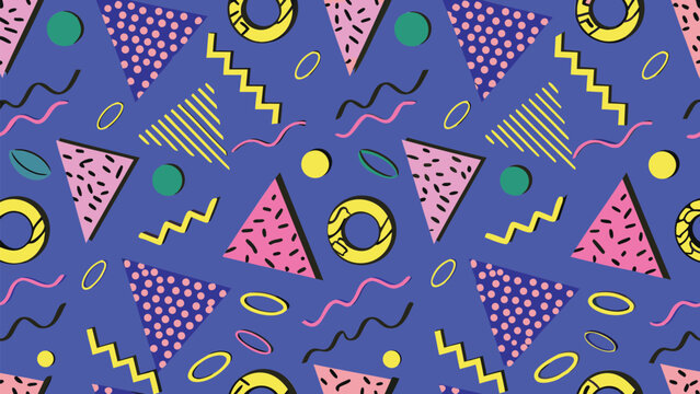 Colorful geometric pattern with triangles circles and zigzags on a blue background design style of the eighties
