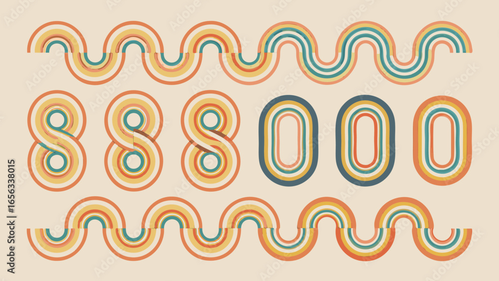 Poster retro design featuring repeating wavy lines and the numbers eight and zero in multiple colors