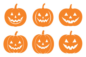 set of orange Halloween jack o lantern pumpkins with carved faces on white background vector
