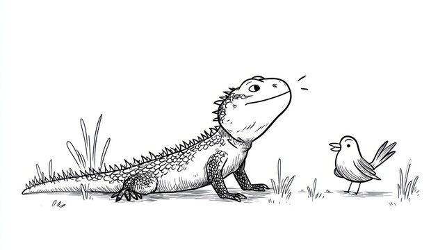 Drawn tuatara with spiky back converses with little bird on white backdrop