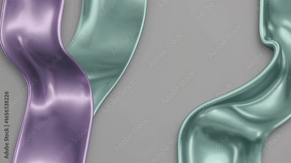 Poster lilac and mint ribbons gracefully undulating on a smooth gray surface, creating a soothing abstract 