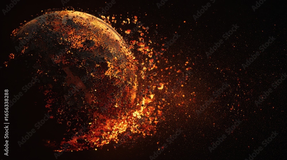 Poster explosive planet fragmentation in space with fiery colors and cosmic dust floating on a dark backgro