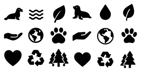 Obraz premium Environmental awareness silhouette icons set – nature, conservation, eco-friendly symbols