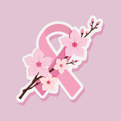 Sticker with pink ribbon and cherry blossom branch, breast cancer awareness symbol for October campaign, hope, prevention and women’s health support, medical and charity design element.