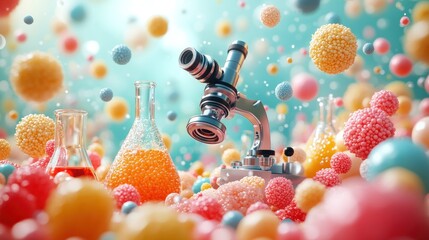 Colorful lab equipment amidst a multitude of spherical elements