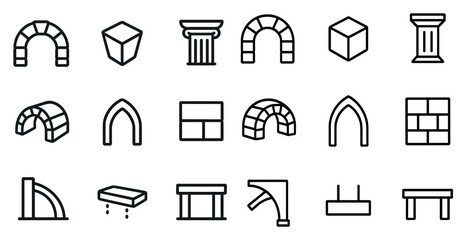 Architecture outline icons set – solid, line, construction and building symbols
