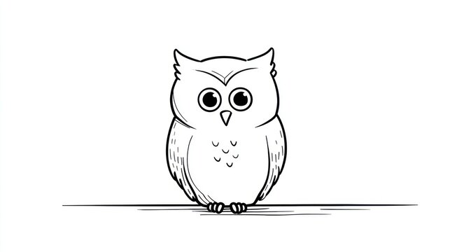 Cartoon owl sits perched on a line. Black and white, outlined style