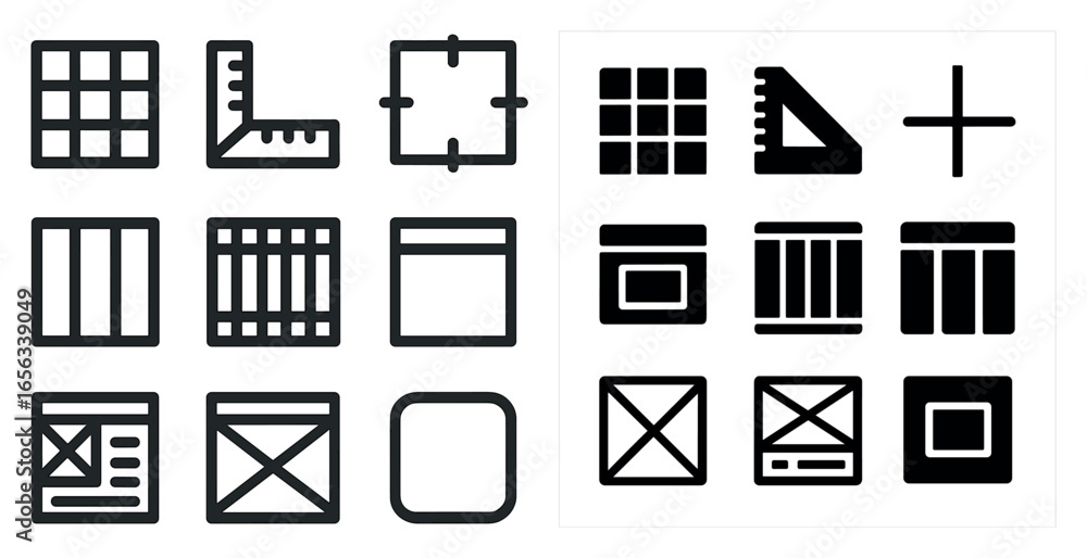 Aufkleber wireframe and grid outline icons set – ui, ux, wireframing design elements