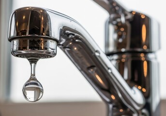 Fototapeta premium A close-up of a shiny, chrome faucet with a water droplet suspended from it. The droplet reflects the surroundings