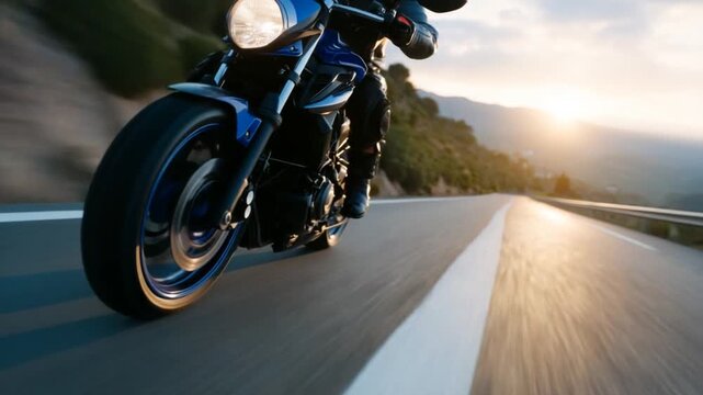 Experience the thrill of speed with a dynamic close-up of a motorcycle's front wheel and rider's hand on the throttle against a stunning sunset backdrop.