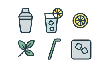 Cocktail ingredients and bar tools flat icons