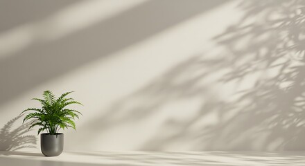 Lush green fern in a modern grey pot casting shadows on a neutral wall