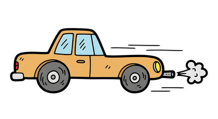 Cartoon style yellow pickup truck driving fast with smoke coming from exhaust on transparent background