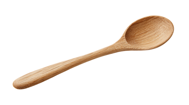 A polished oak wooden spoon with rounded handle, modern rustic style, clean product photo on bright seamless white background 