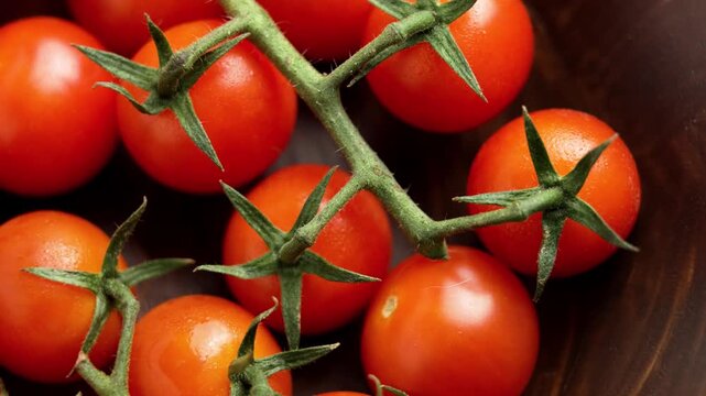 Fresh sprigs of red cherry tomatoes with green leaves in a wooden bowl. Rotation