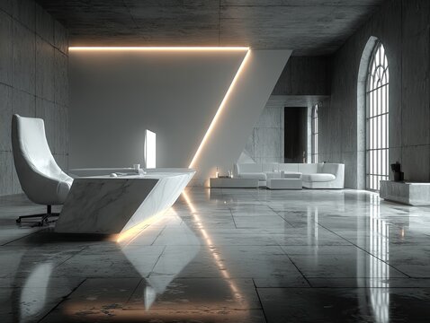 Modern gray office with marble desk, curved chair, and led lighting