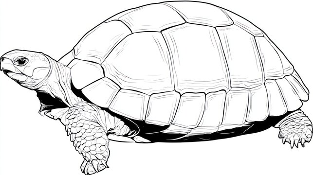 Detailed line drawing of a tortoise, showing shell patterns and textured skin