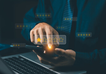Poor rating concept. Negative feedback. Businessman Choosing 1 star rating review in the survey via...