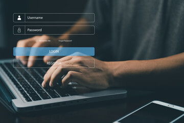 Businessman hand typing on keyboard with login and password on screen display online treat. login...