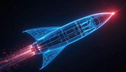 A futuristic rocket, depicted in a wireframe style, ascends against a dark background with vibrant blue and red highlights, showcasing its internal structure and powerful thrust.