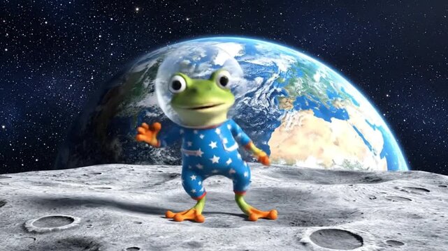 happy frog astronaut exploring lunar surface planet earth